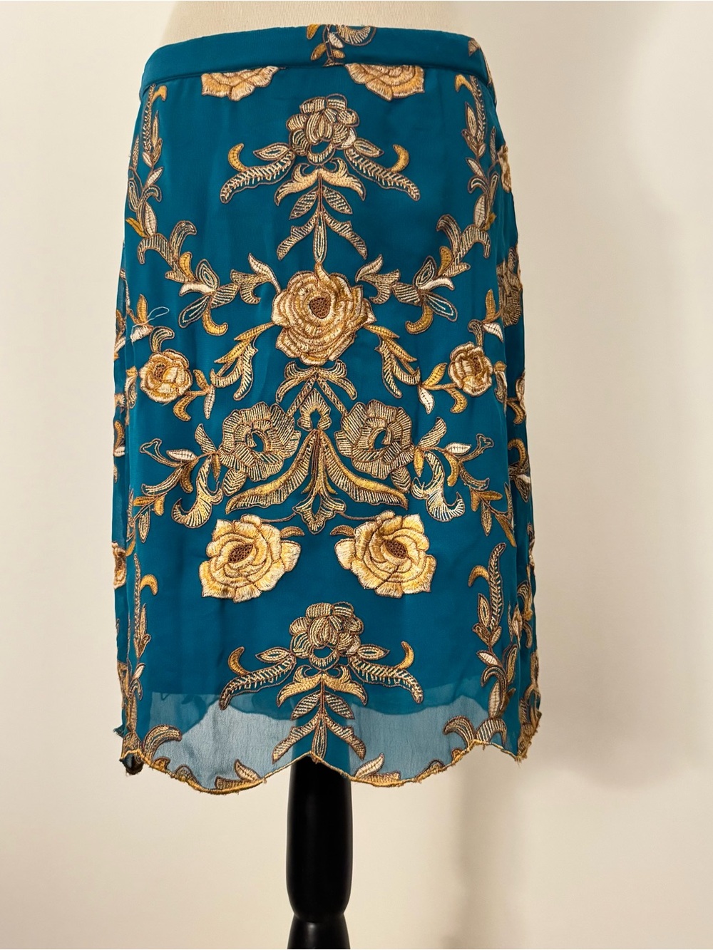 Yoana Baraschi Teal Skirt with Gold Floral Embroidery Size 6 - Picture 12 of 14
